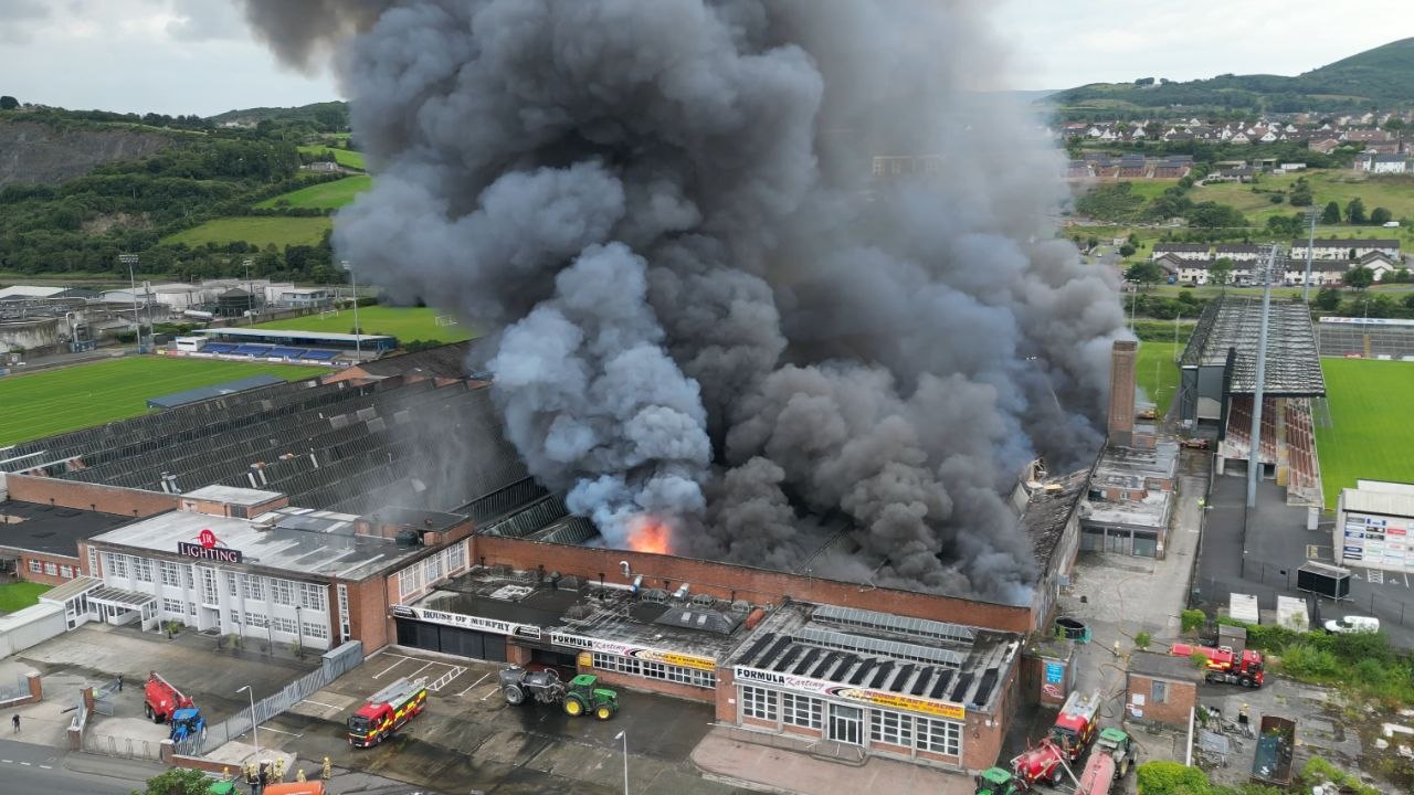 Aerial view of massive fire and aftermath at Newry's industrial estate