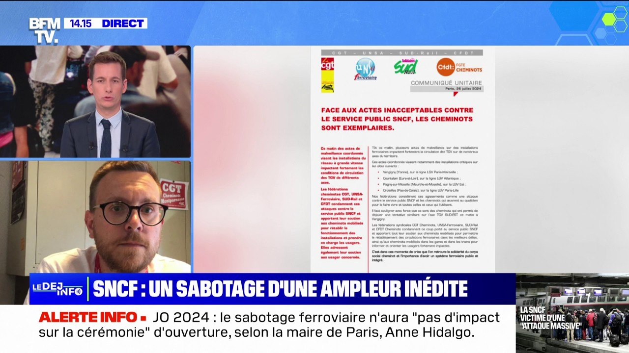Sabotages sur le réseau SNCF: Arnaud Marcinkiewicz (CGT Cheminots Montparnasse) dénonce des "actes inacceptables" et assure que "les cheminots se mobilisent"