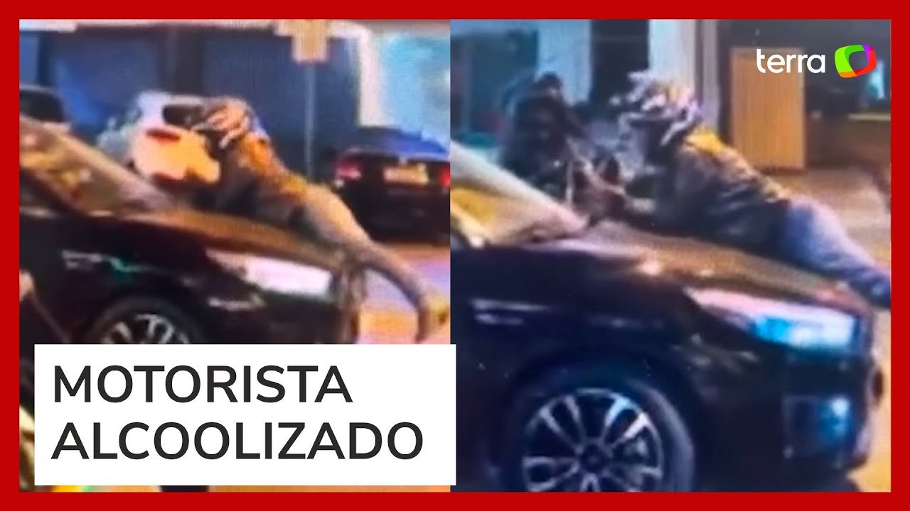 Homem quase é atropelado e sobe no capô de carro para impedir fuga de condutor bêbado