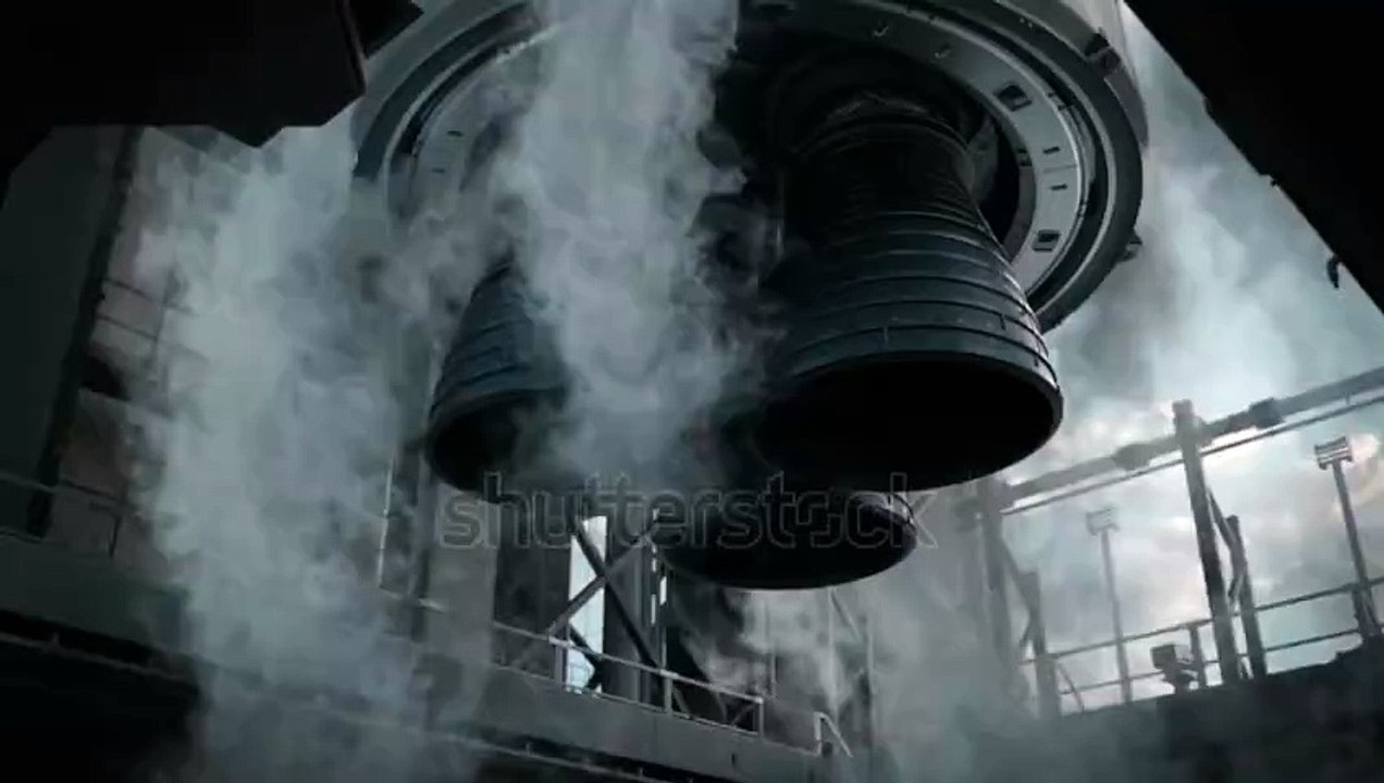 Close-up shot of Rocket Engine Ignition. Powerful and Hot Flames Burst out of the Nozzle after Initial Impulse. Space Exploration Rocket Launch. The Camera underneath the Rocket.