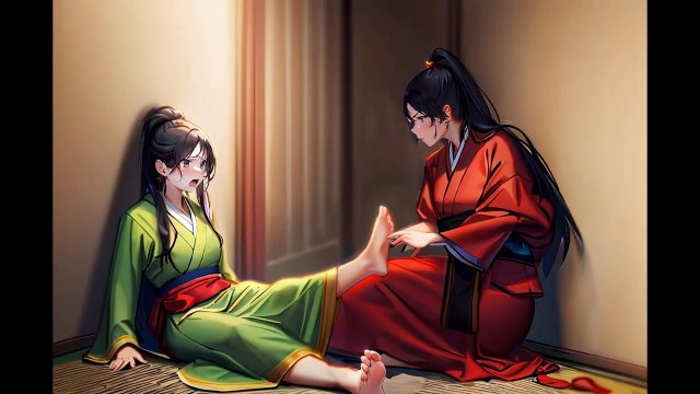 張無忌以九陽功擦趙敏的腳底，逼她放他出去。 由於兩人肌膚之親，漸生愛意。The Heaven Sword and Dragon Saber 倚天屠龍記 Comic Manga AI Anime Zhang Wuji rubs Zhao Min's feet with Kung Fu to force her to let him go. As the two of them get close, they gradually fall in love.