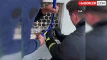 Korkuluğa sıkışan kedinin imdadına itfaiye yetişti