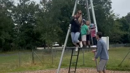 Husband's overzealous zip wire push turns wife's fun ride into HILARIOUS tumble