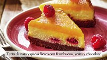 Tarta de nata y queso fresco con frambuesas, yema y chocolate