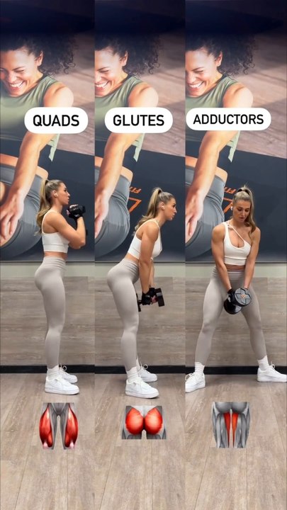 KNOW THE DIFFERENCE DUMBBELL SQUAT  • The left variant is a squat with a focus on the quadriceps.- Back ...t falling backwards- knees move forward• The middle variant is a squat with a focus on the glutes.- lean your upper body