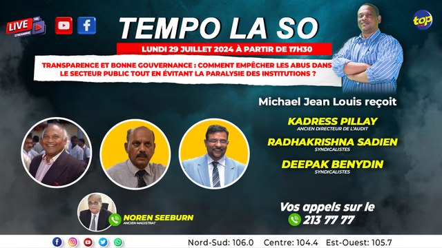 Tempo la So: Michael Jean Louis reçoit Kadress Pillay, Radhakrishna Sadien et Deepak Benydin..