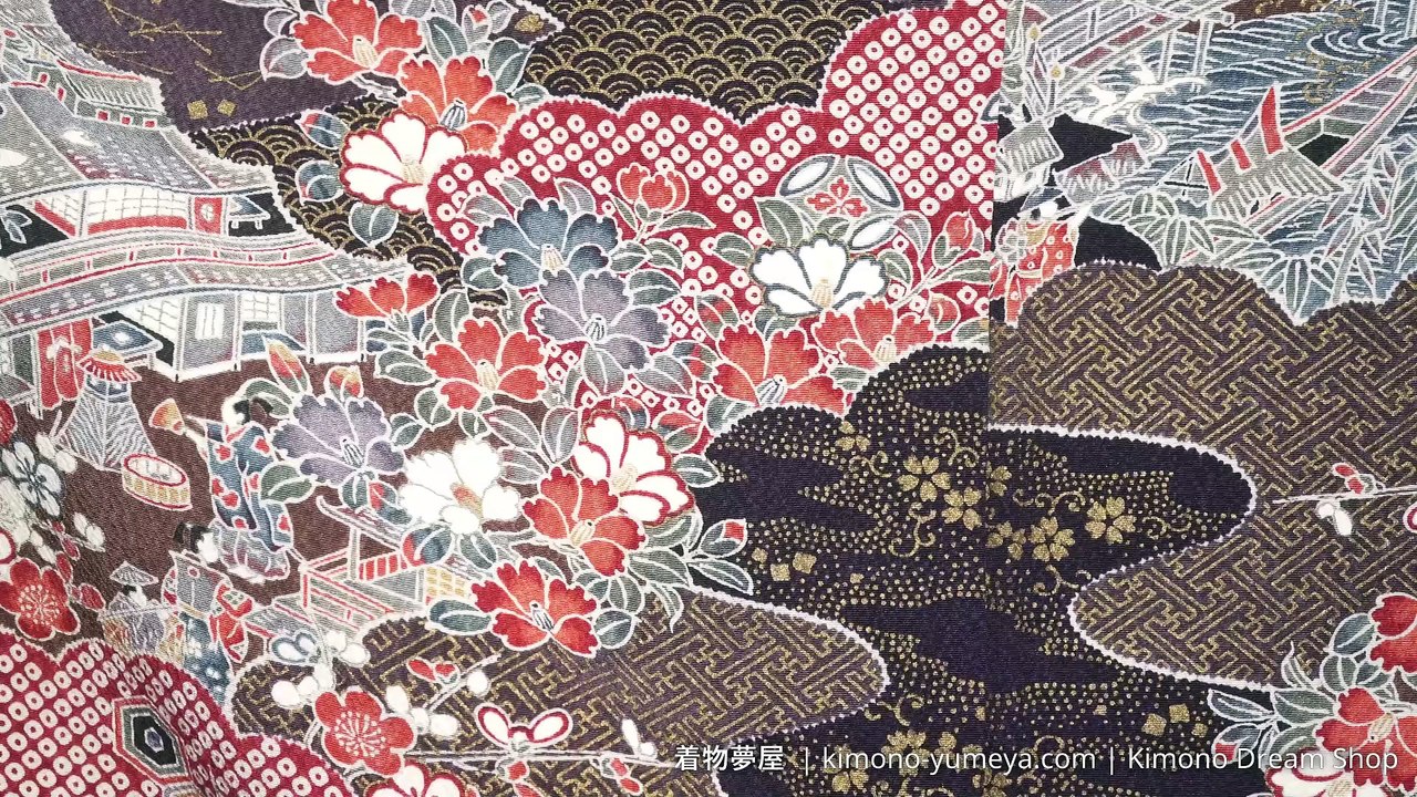 Purple Blue Red Vintage Komon Kimono with Kiku, Peonies, Umezakura, Seigaiha, Kanoko, Bridges - Vintage Chirimen Silk  - Matsu, Sayagata, Clouds