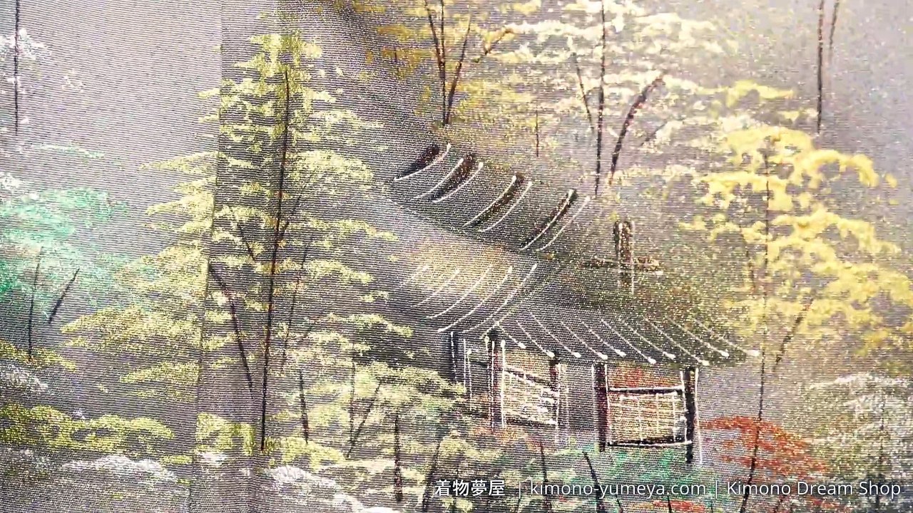 Grey with Gold Tsukesage with Hand Painted Trees, Mountains, Buildings - Vintage Kimono Chirimen Silk  - Kimono Dream Shop