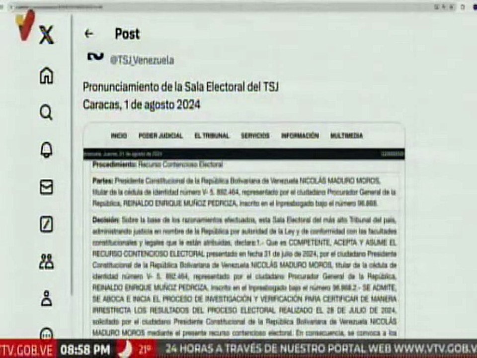 TSJ asume el recurso contencioso electoral presentado por el Pdte. Nicolás Maduro el 31 de julio