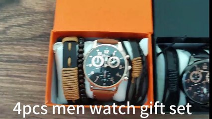 Download Video: 6044 New Design 4pcs Set Man Casual Watch Numbers Men's Leather Watch Set For Man Vintage Bead Bracelet Sets