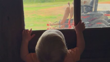 Little drama king cries after seeing dad cutting grass without him