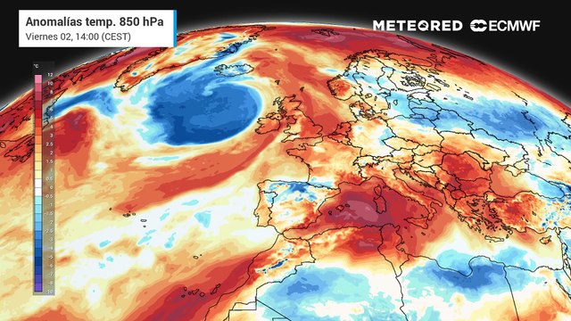 Anomalías de temperatura previstos en niveles medios de la troposfera, durante los próximos días. Seguiremos bajo la influencia de una masa de aire cálido.
