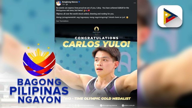 PBBM, nagpaabot ng pagbati sa tagumpay ni Olympic gold medalist Carlos Yulo