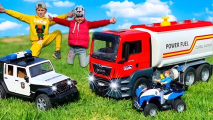 Cars Concrete truck Bruder fuel truck and police car Alex play with new toys