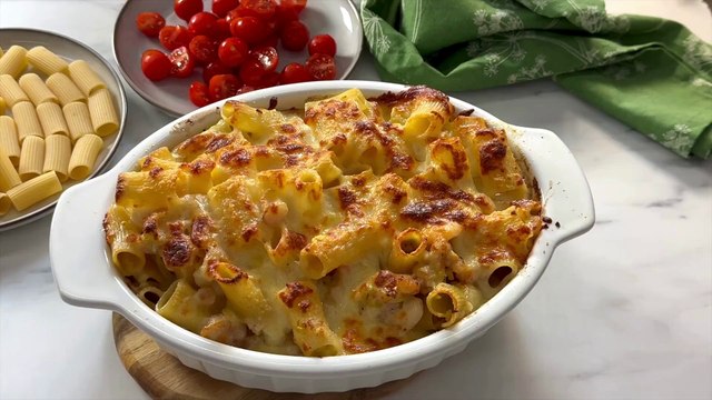 Macarrones gratinados con gambas