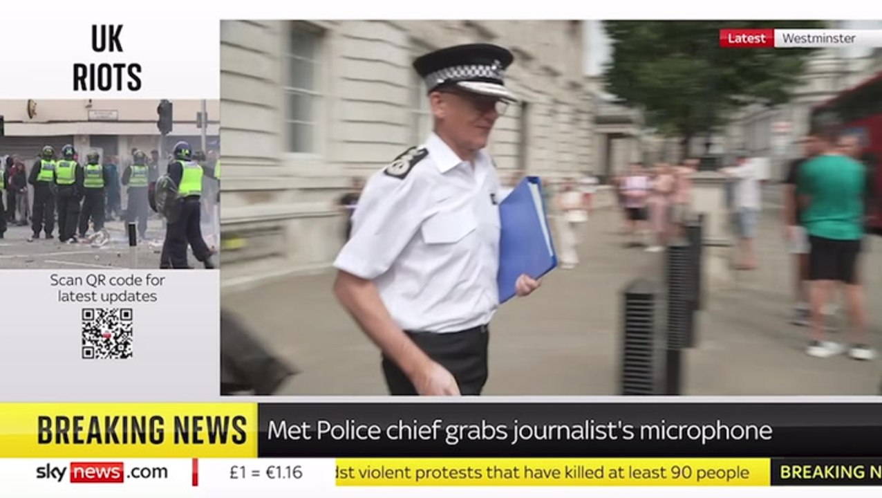 Met Police boss bizarrely snatches reporter’s microphone outside cabinet office when quizzed about riots