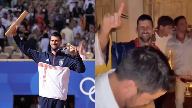 Tennis - Paris 2024 - Novak Djokovic celebrating his Olympic gold medal with the entire Serbian team!