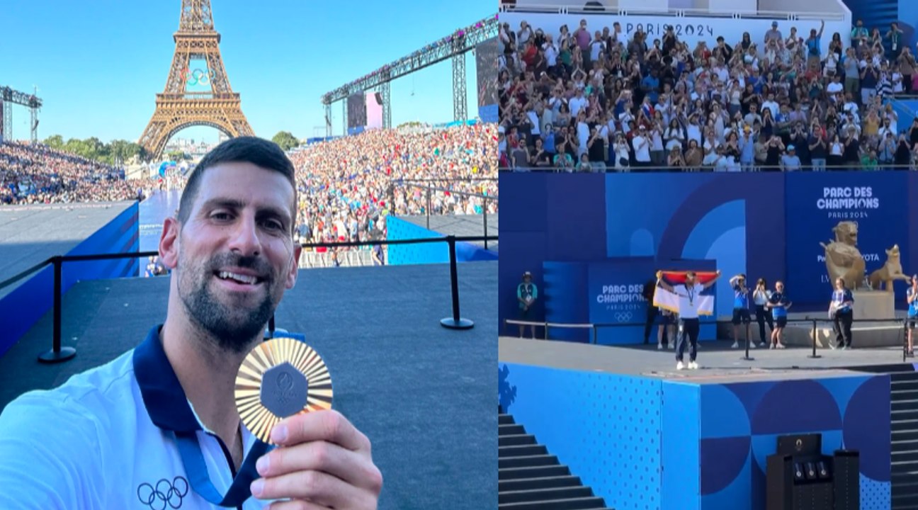 Tennis - Paris 2024 - Novak Djokovic cheered by the crowd at Champions Park after his gold medal
