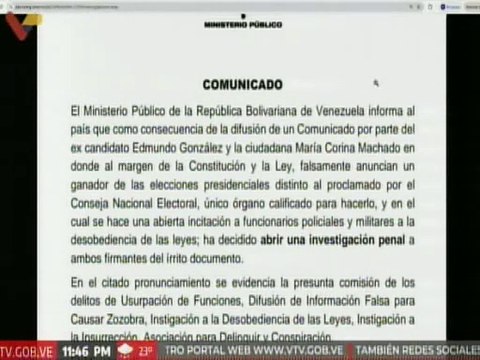 MP de Venezuela abre investigación penal contra Edmundo González y María Corina Machado