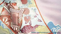 Retro Pink Irotomesode with Sensu, Blue Ocean Waves, Hand Painted Tokyo-Yuzen Retro - Rinzu Silk Vintage Kimono For Women - Goshoguruma