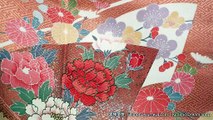Pink White & Gold Houmongi with Hand Painted Kyo-Yuzen Chrysanthemums, Peonies, Folding Fans, Mandarin Oranges - Vintage Rinzu Silk - Buddhist Pattern