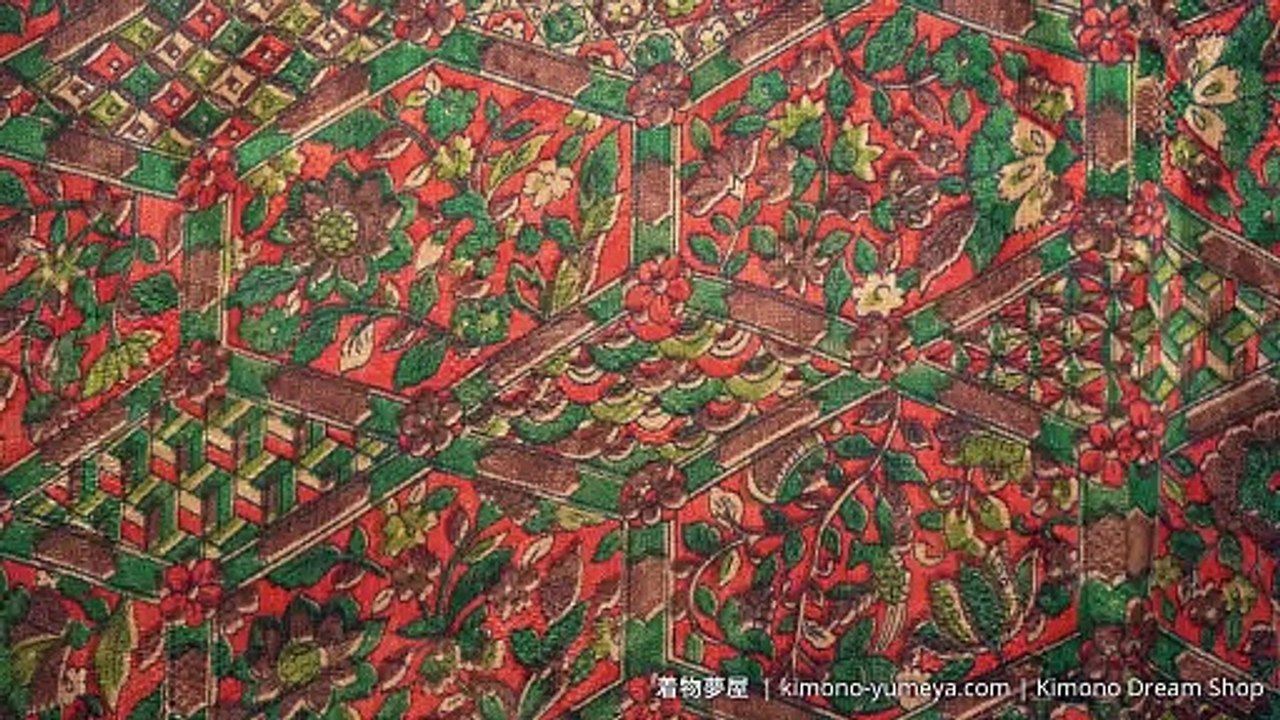 Red Green & Brown Komon with Hand Painted & Screen Printed Flowers, Tortoise Shells, Shippou, Carnations - High Quality Kinsha Silk Vintage Kimono