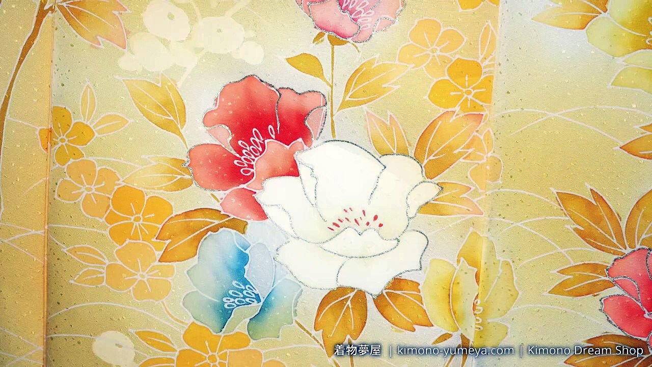 Yellow Vintage Tsukesage with Hand Painted Kyo-Yuzen Blue White & Pink Flowers - Rinzu Silk - Kimono Dream Shop