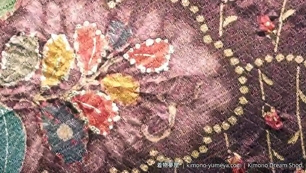 Vintage Maroon Kimono with Genuine Shibori Tsuji ga Hana - High Quality Rinzu Silk - Hand Painted Camellia, Red Budding Flowers - Real Gold Paint