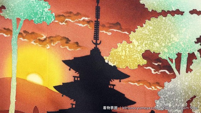 Pagoda in the Mountains Orange & Brown on Yellow Houmongi - Hand Painted Sunset Scenery Peeking Through Forest - Vintage Silk Women's Kimono