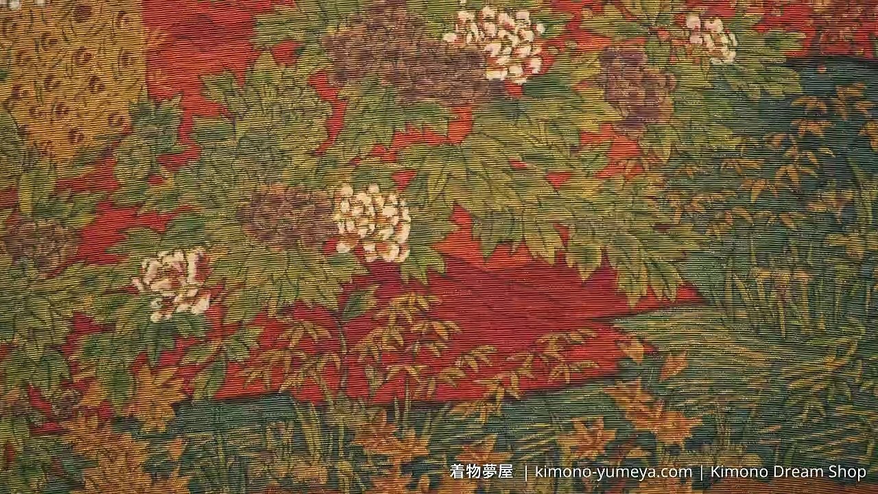Brown Red & Blue Komon with Peonies, Cherry Blossoms Surrounding Villages, Maple Leaves, Rivers, Clouds - Vintage Chirimen Silk Women's Kimono