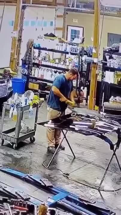 Man's T-Shirt Gets Stuck in Tool While Buffing...