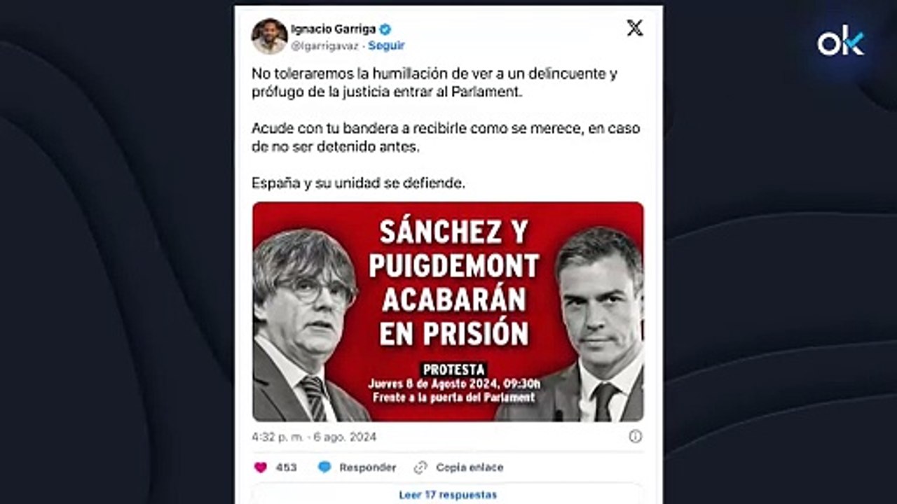 Vox llama a concentrarse ante el Parlament para recibir a Puigdemont con banderas de España