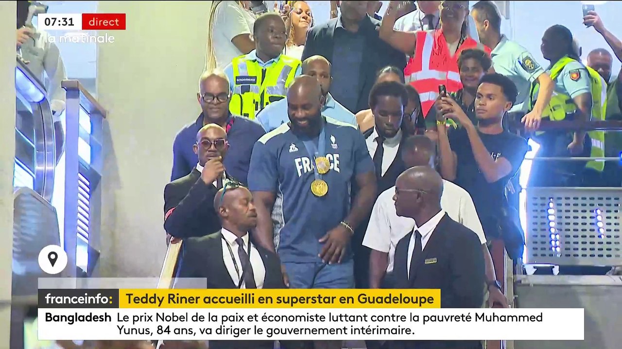 JO - Regardez le quintuple champion olympique de judo Teddy Riner accueilli en superstar en Guadeloupe, où il effectue une visite éclair avant de repartir à Paris en vue de la cérémonie de clôture - VIDEO