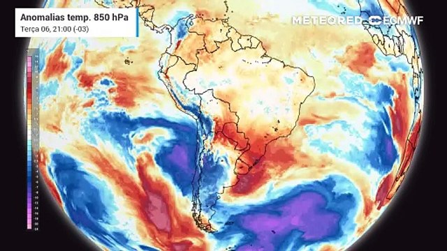 Previsão de Anomalia de Temperaturas em 850 hPa até sexta (09).