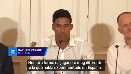 Varane en su presentación con el Como habla del Madrid y del United