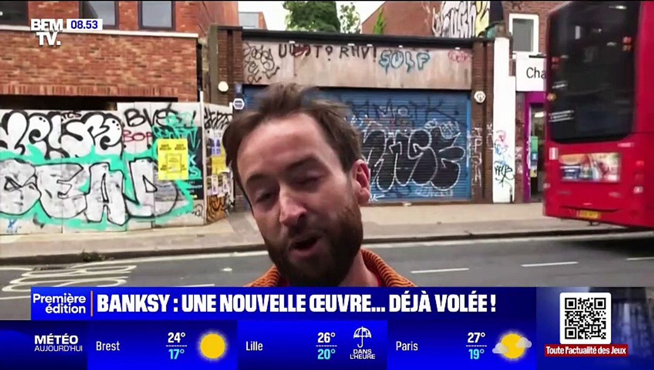 Une nouvelle œuvre de l'artiste Banksy apparue hier à Londres a été dérobée par trois hommes à peine... une heure après son apparition - Regardez