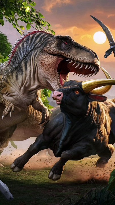 Dinosaur fighting with big bull, Dinosaur ki ladai bade bail se