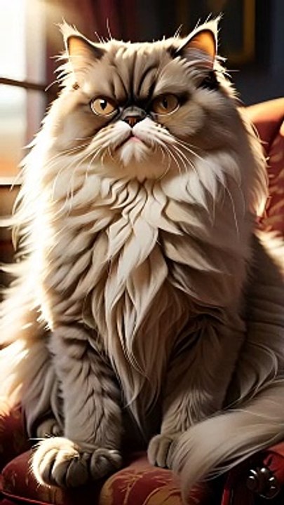 A grumpy Persian cat sits alone on a luxurious armchair