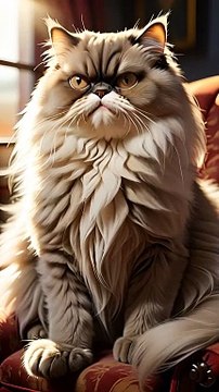 A grumpy Persian cat sits alone on a luxurious armchair