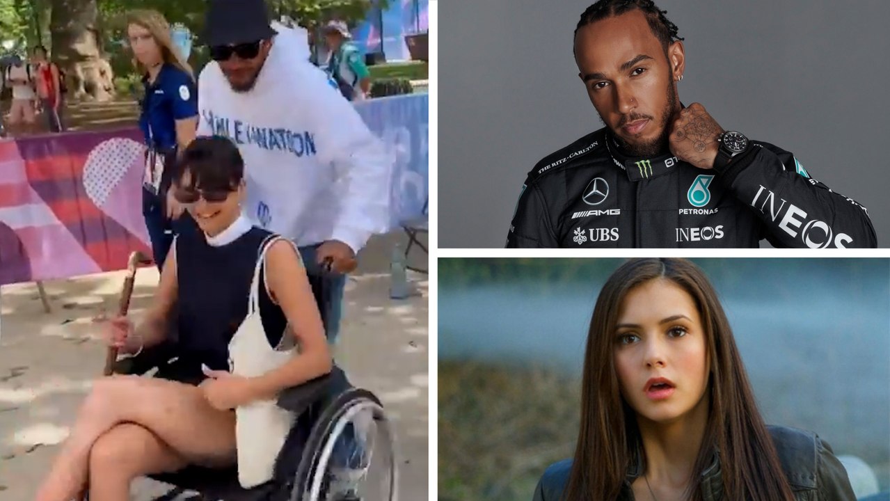 Lewis Hamilton, piloto de F1, demuestra sus habilidades mientras lleva a la actriz Nina Dobrev en silla de ruedas