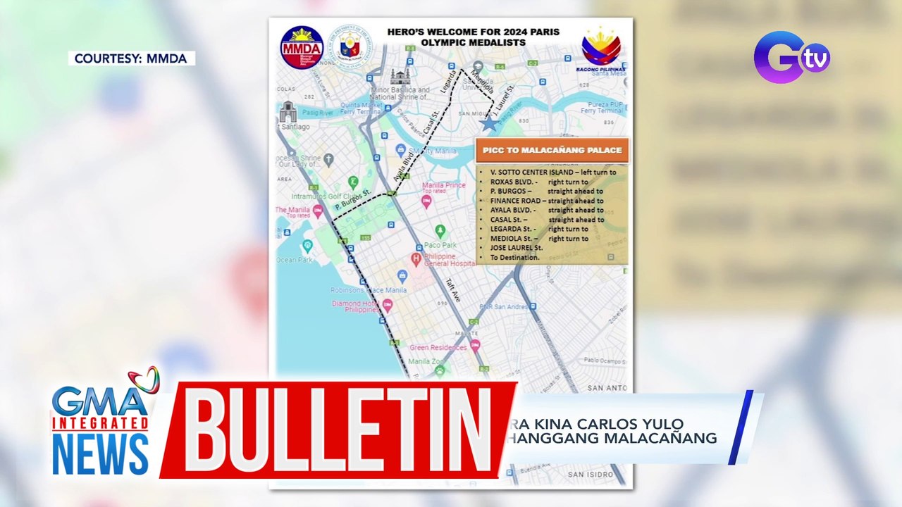 Ruta ng Grand Homecoming parade para kina Carlos Yulo at Pinoy Olympians, daraan mula PICC hanggang Malacañang | GMA Integrated News Bulletin