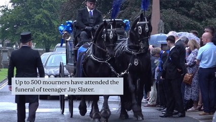 Jay Slater’s friends and family wear blue for funeral of ‘forever 19’ apprentice