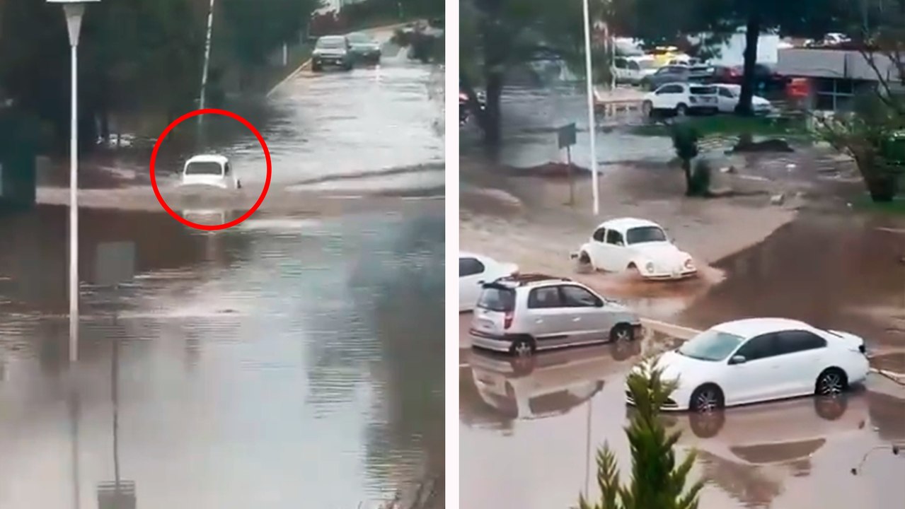 Pachuca: 'Vocho' se hace viral al cruzar una gran inundación en la Universidad Autónoma del Estado de Hidalgo