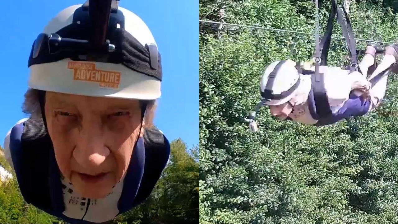 Sehen Sie zu, wie die waghalsige 91-jährige Oma Englands längste Seilrutsche bezwingt