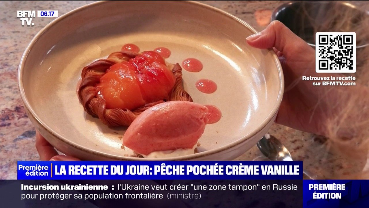 Ma recette estivale avec un chef: testez les pêches pochées à la crème de vanille, sorbet pêche et feuilletage croissant