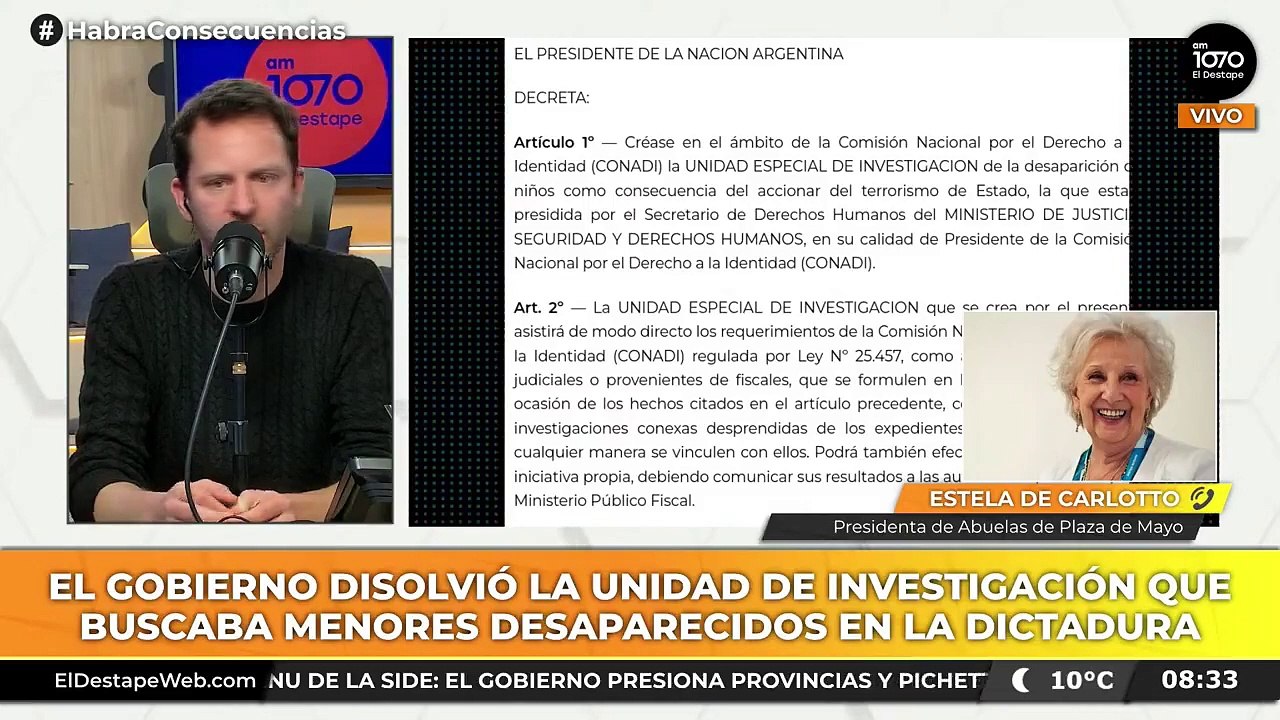 Estela de Carlotto sobre el cierre del CONADI: "Es aberrante que se quiera borrar la historia para que no se hable más"