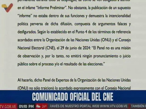 CNE rechaza Informe Preliminar de la ONU sobre elecciones presidenciales en Venezuela