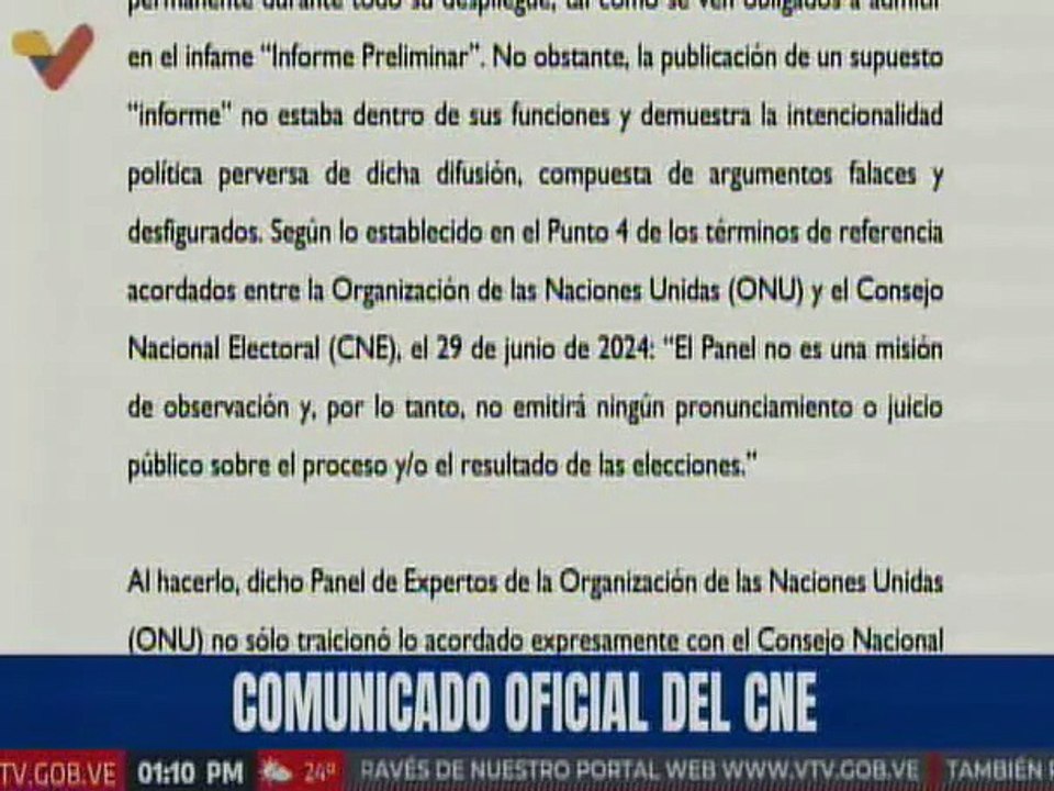 CNE rechaza "Informe Preliminar" de la ONU sobre elecciones presidenciales en Venezuela