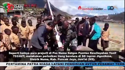 PRAJURIT POS NUME SATGAS PAMTAS KEWILAYAHAN YONIF 753/AVT LAKUKAN PERBAIKAN TIANG PERSIAPAN HUT RI KE-79 DI DISTRIK NUME, KAB. PUNCAK JAYA