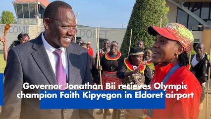 Governor Jonathan Bii recieves Olympic champion Faith Kipyegon in Eldoret airport. https://shorturl.at/lLini